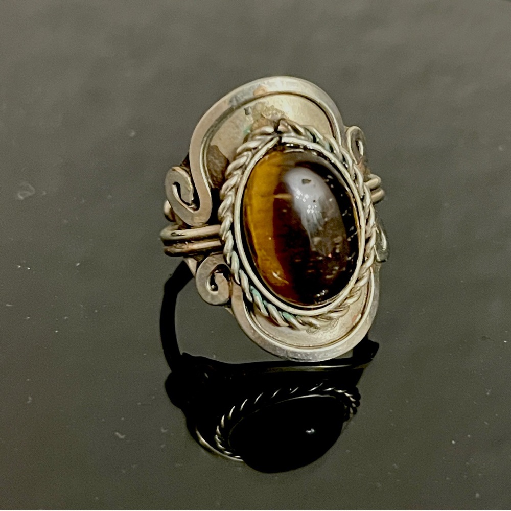 Elegant Rustic Tribal Tiger’s Eye Gold Brown Silver Tone Adjustable Ring